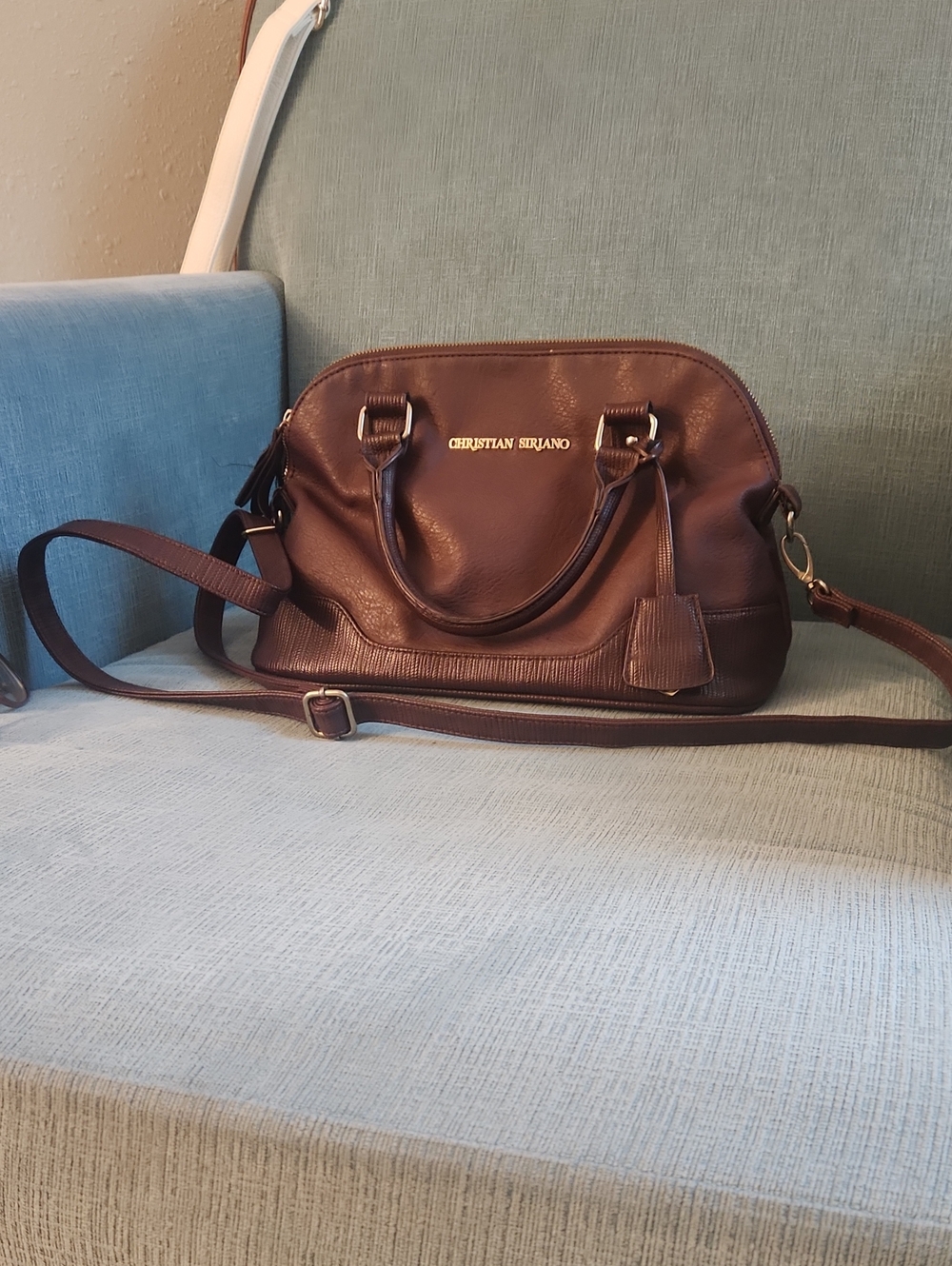 Christian Siriano Dark Brown Leather Satchel with Gold-Tone Logo